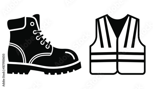 Simple black and white illustration of a work boot and safety vest
