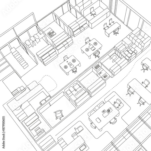 Office Floor Plan with Workstations and Desks.
