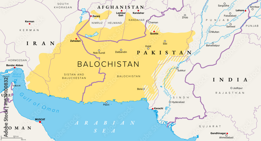 Fototapeta premium Balochistan political map. Historical region in West and South Asia, split among the countries Iran, Afghanistan, and Pakistan, with long coastline along the Arabian Sea, and the Gulf of Oman. Vector