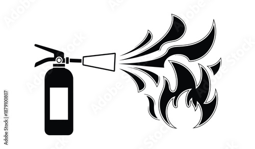A black and white illustration depicting a fire extinguisher putting out flames