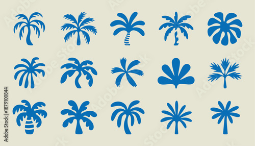 Blue Palm Tree Silhouette Set with Tropical Coconut Trees and Exotic Summer Foliage for Beach Design