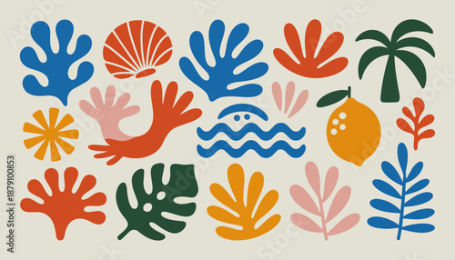 Colorful Abstract Nature Silhouette Set with Tropical Leaves Shells and Lemon for Modern Summer Design