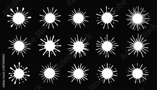 White Sunburst Sparkle and Starburst Icon Set Isolated on Black Background for Light Effects