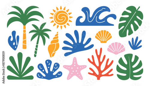 Colorful Summer Beach Icon Set with Tropical Palm Trees Shells Coral and Waves for Vacation Design