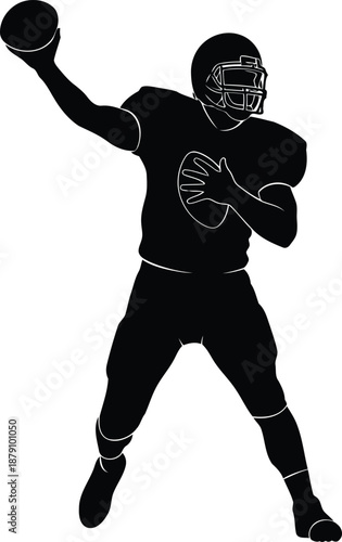 Silhouette of a football player in action, throwing a football, during a game, isolated on a white background