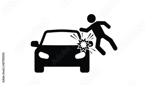 Stick figure running from a car with a broken windshield illustration