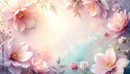 Soft pastel floral arrangement, pink blooms framing a sunlit watercolor background