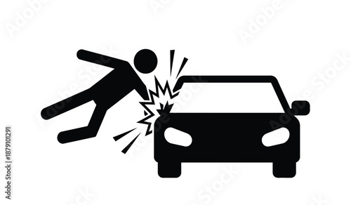 Stick figure colliding with a vehicle depicting a pedestrian accident scene