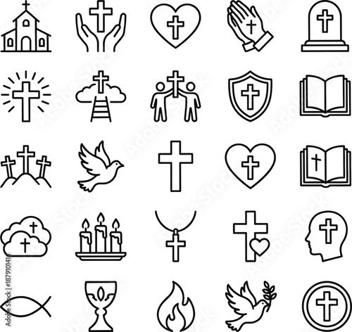 Christian faith icons set featuring church cross bible prayer heart dove worship symbols spiritual religion line vector collection