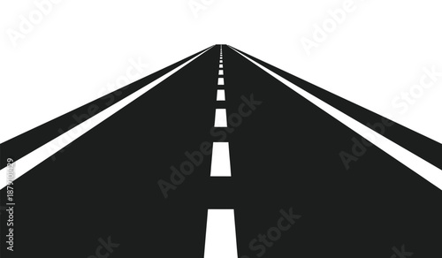 A long straight road stretches into the distance with a white background
