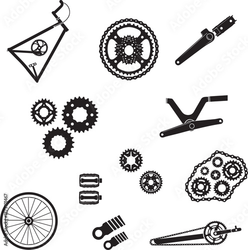 Collection of bicycle parts and components illustrated in black silhouette against a transparent background for easy integration into designs
