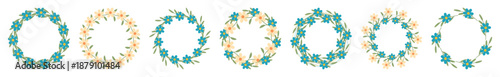 Set of decorative floral wreath frames in yellow and blue colors Empty space inside. Ideal for greeting cards, invitations, posters, branding labels Elegant spring or summer design projects Copy space