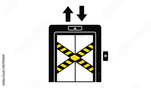 Black and white illustration of an elevator with warning stripes and arrows