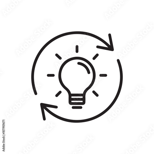 Single black refresh idea line icon, simple light bulb with repeat arrow flat design illustration pictogram for infographic interface elements for app logo web button ui isolated on white background 