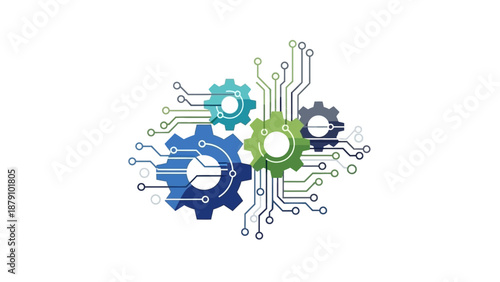 Conceptual illustration of interconnected gears and electronic circuit board elements, symbolizing modern technology, engineering processes, digital solutions, and system automation