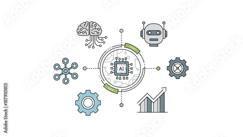 Artificial intelligence concept with connected components for modern technology and data processing system development