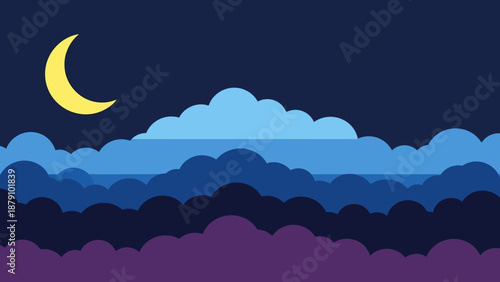 Serene night sky with a vibrant crescent moon peeking through layers of stylized blue and purple clouds, creating a peaceful dreamscape