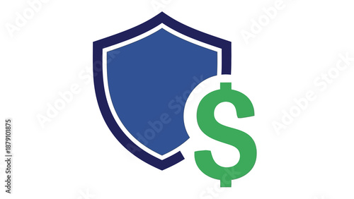 Financial Protection and Security Icon featuring a sturdy blue shield paired with a vibrant green dollar sign, symbolizing monetary safety, investment safeguarding, and business assurance