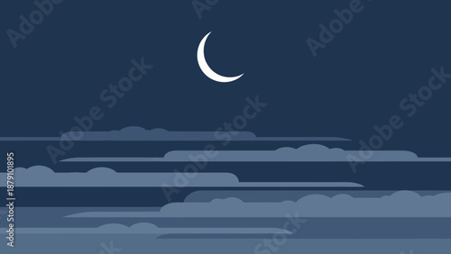 Crescent moon illuminating the night sky above a layer of atmospheric clouds, serene and tranquil celestial scene