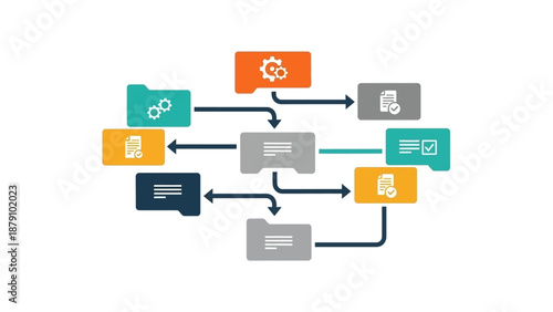 Diagram of a digital workflow system with interconnected folders and icons