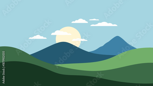 Tranquil flat design landscape showcasing rolling green hills and majestic distant mountains under a serene sky with a glowing sun, evoking peace and natural beauty
