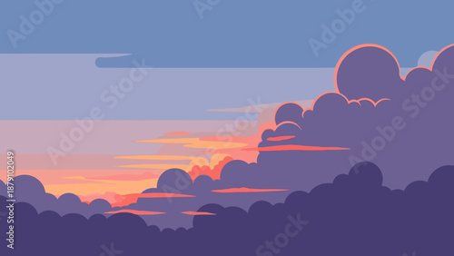 Dreamy Flat Design Vector Illustration of a Serene Sunset or Sunrise Over a Layered Cloudy Horizon in Soft Pastel Tones