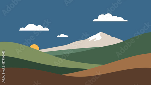 Vibrant illustration of a mountain range with rolling hills and clouds under a blue sky