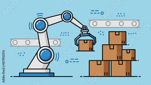 Automated logistics and supply chain management with a robotic arm precisely handling packages on a modern factory conveyor system for efficient warehousing