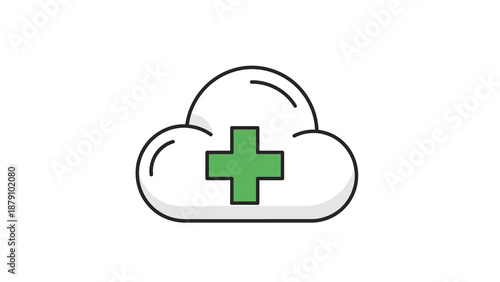 Vector illustration of a cloud icon with a green cross, symbolizing data addition, cloud health, or secure online storage and service expansion