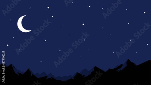 A serene night sky with a crescent moon and countless stars above a silhouetted mountain range under a deep blue celestial expanse, evoking a sense of tranquility and wonder