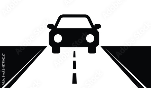 A simple black silhouette of a car driving on a road
