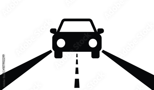 Simple black silhouette of a car driving down an open road