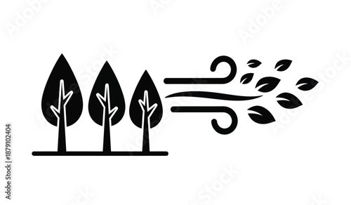 A simple black and white illustration of trees and blowing wind