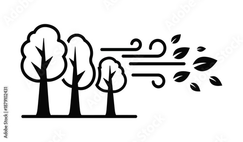 Windy day illustration featuring trees and falling leaves in monochrome style