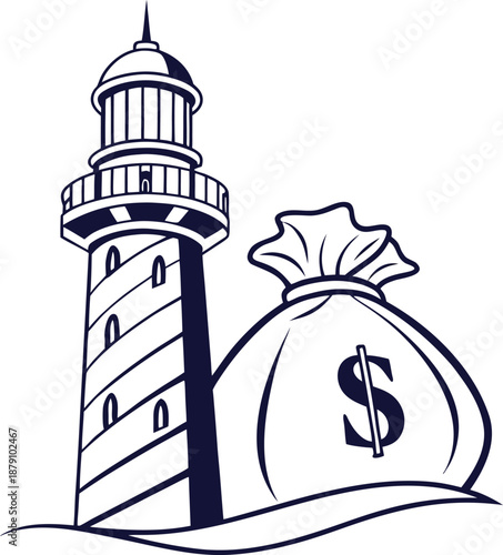 Financial Beacon: A striking illustration depicts a lighthouse standing tall beside a money bag, representing guidance and security in financial matters, symbolizing wealth and stability.