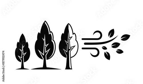 Black and white graphic of trees and wind simple nature illustration