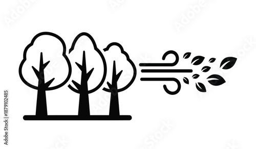 Simple black and white illustration depicting trees and a gust of wind