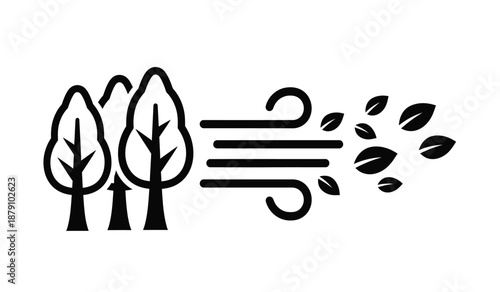 Black and white illustration of trees wind and falling leaves