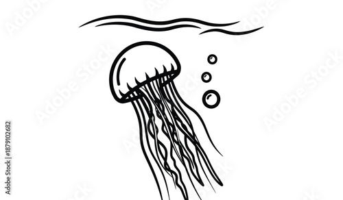 Simple black and white line drawing of a jellyfish in water