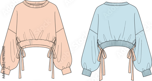 Cropped long-sleeve fashion top with gathered waistband, ribbon tie accents, voluminous sleeves, and ribbed neckline – front and back views in peach and blue.