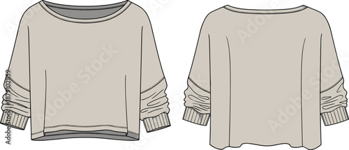 Loose-fit long sleeve sweater technical fashion sketch with wide neckline, dropped shoulders, ribbed cuffs, curved hemline, front and back view illustration