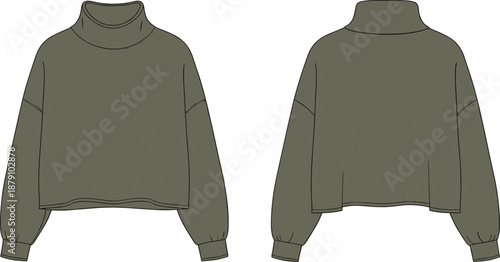 Technical fashion flat vector illustration of a women's khaki green oversized sweatshirt featuring a turtle neck, drop shoulders, ribbed cuffs, and loose hemline.