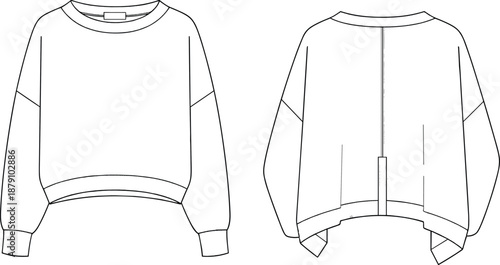 Technical fashion flat vector illustration of a women's oversized crew neck sweatshirt featuring drop shoulders, ribbed cuffs, and a unique split back hem design.