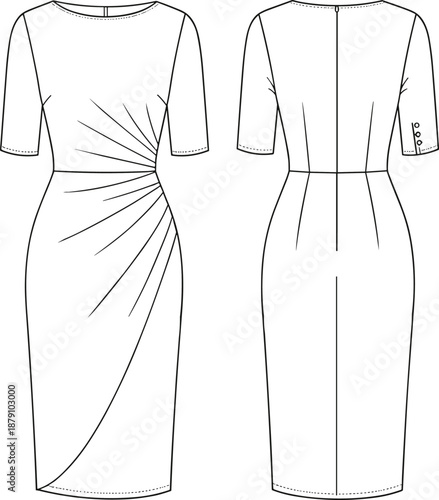 Technical fashion illustration of a women's short sleeve midi sheath dress with side waist sunburst pleats, tulip wrap skirt, and back zipper detail.