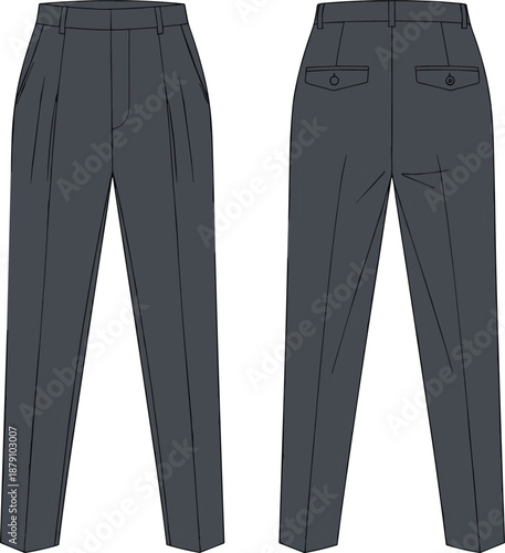 Technical fashion illustration of tailored trousers showing front and back views with pleats, pockets, waistband, darts, and construction details for garment design reference.