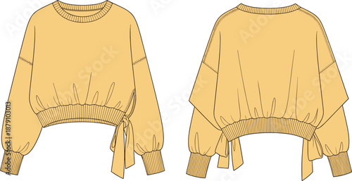 Technical fashion illustration of a yellow cropped sweatshirt featuring dropped shoulders ribbed knit trims and an adjustable side tie bow detail for apparel ow 