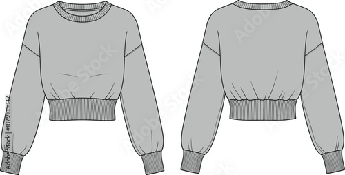 Technical fashion sketch of a women's cropped crewneck sweatshirt with dropped shoulders, long puff sleeves, and wide ribbed hem and cuff details.