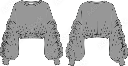 Technical fashion sketch of a women's cropped sweatshirt with oversized ruched balloon sleeves, gathered elastic waistband, crew neckline, and dropped shoulder seam detail.