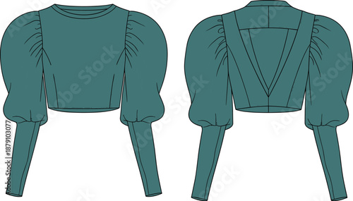 Technical fashion sketch of women one shoulder cropped top featuring asymmetrical neckline with side tie bow and corset style crisscross lace up back detail