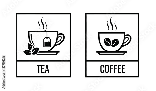 Simple black and white icons depicting a cup of tea and coffee